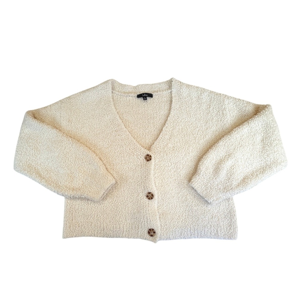 Lulus Cream Teddy Popcorn Knit Cardigan Sweater V-Neck Button Front Cream Large